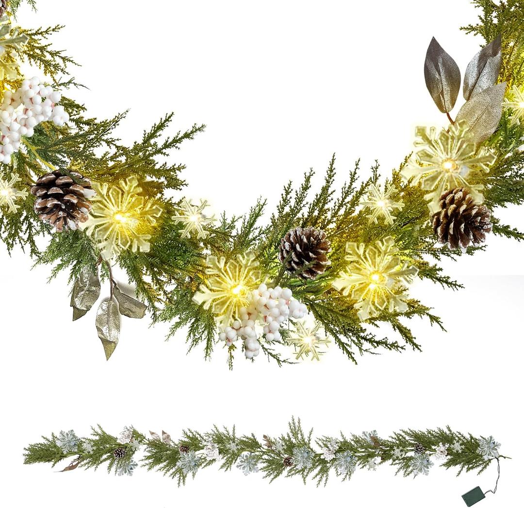 Pre-Lit Christmas Garland Decoration - 6FT Battery Christmas Garland with Lights, Including Pine Branch, Pine Cones, White Berry Cluster, Leaves, Snowflake, Mixed Decors for Mantle Fireplace Stairs