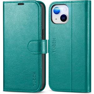 TUCCH Wallet Case for iPhone 13, [RFID Blocking] [3 Card Slots] TPU Interior Protective Case, Magnetic Folio Shockproof PU Leather Stand Flip Cover Compatible with iPhone 13 6.1 5G, Cyan