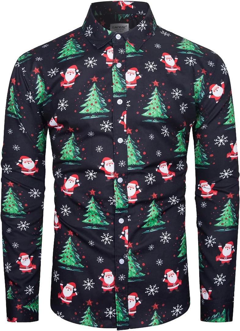 TUNEVUSE Holiday Season Gift-Mens Christmas Shirt Novelty Ugly Santa Claus Long Sleeve Funny Button Down Shirt for Party (Medium, Blackc10)