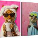 Funny Animal Bathroom Wall Art Whimsical Cheetah Bathroom Wall Decor Painting, Eclectic Leopard Drinking Coffee Poster Canvas Prints Quirky Otter Bathing Artwork 16x24 inch Framed