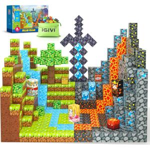 Magnetic Blocks - Build Mine Magnet World Lava Valley Set, 1" Magnetic Cube Building Toys for Kids Ages 3+, Montessori Sensory Toys for Toddlers, Creative Game Themed Toy Gifts for Boys & Girls