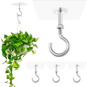 4 Pack Adhesive Ceiling Hooks, 30lbs Heavy Duty Ceiling Hooks for Hanging Plants, No Drilling Wall Hook Sticky Hanger for Hanging Lights, Wind Chimes, Lantern