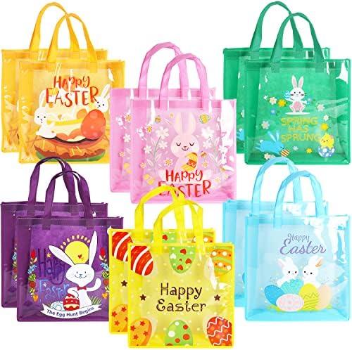 12PCS Happy Easter Egg Hunt Bags Easter Bunny Carrot Chick Egg Gift Bags with Handles, Easter Treat Bags, Easter Party Supplies , 13" ×13" × 4"