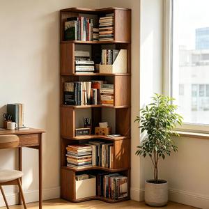 Solid wood Corner Book Shelf,6-Shelf L Shaped Corner Bookshelf with Baffle, 18.9 Inches D X 18.9 Inches W X 75.0 Inches H