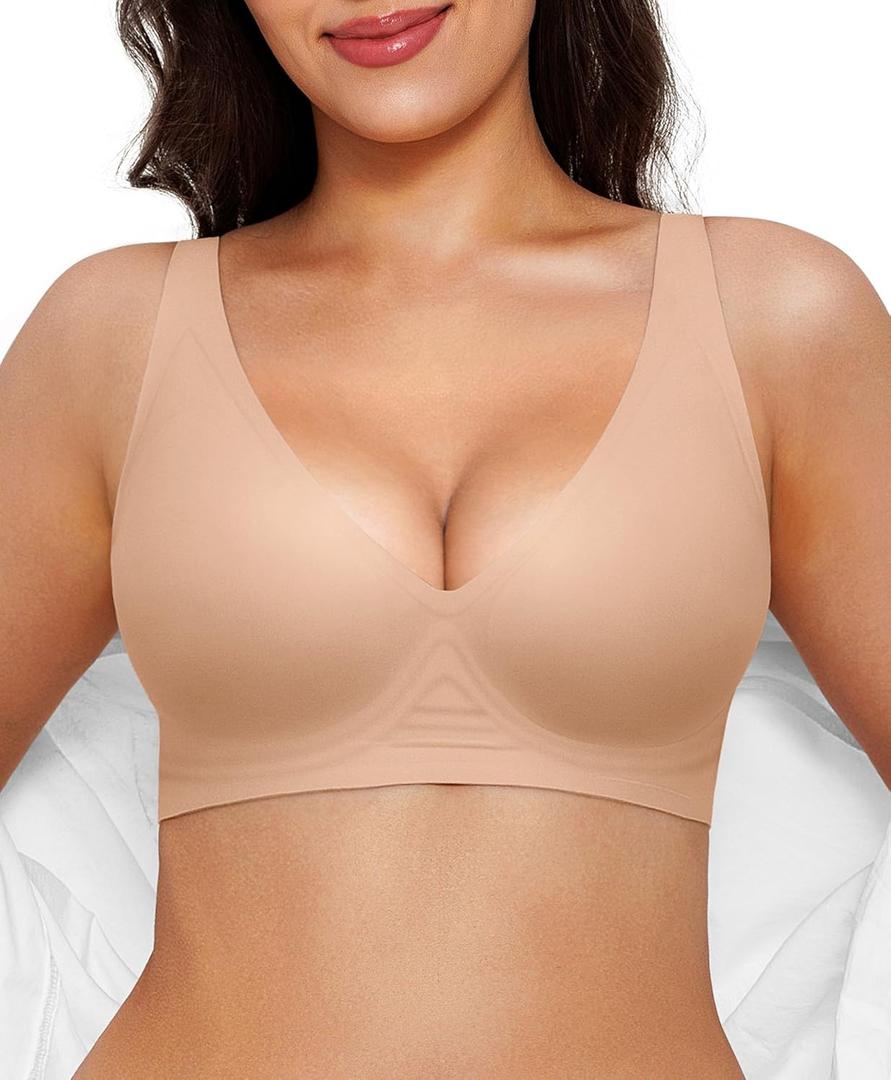 Popilush Wireless Bras Women Seamless No Underwire Push Up Bra Supportive Deep V Bralette Everyday Comfortable T-Shirt Bra (Large, Beige)