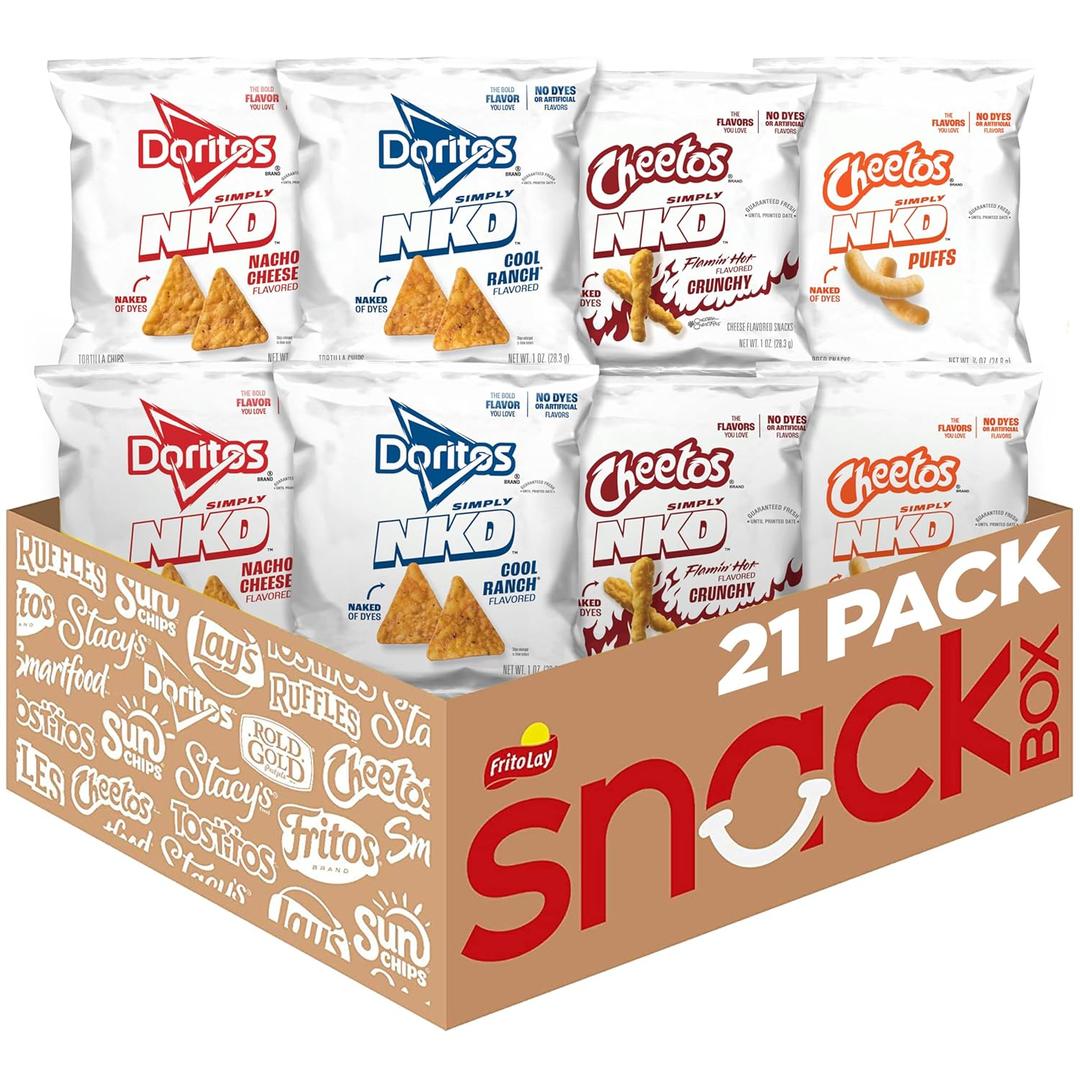 Simply NKD Snacks, 4 Flavor Variety Pack, Single Serve Bags (21 Pack), No Dyes, No Artificial Flavors, Cheetos, Doritos (EXP 09/22/26)