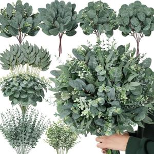 Serwalin 130 Pcs 8 Kinds Mixed Eucalyptus Stems Bulk,Artificial Greenery Silver Dollar Eucalyptus Leaves Picks for Centerpieces Vase DIY Bouquet Arrangement Home Decor