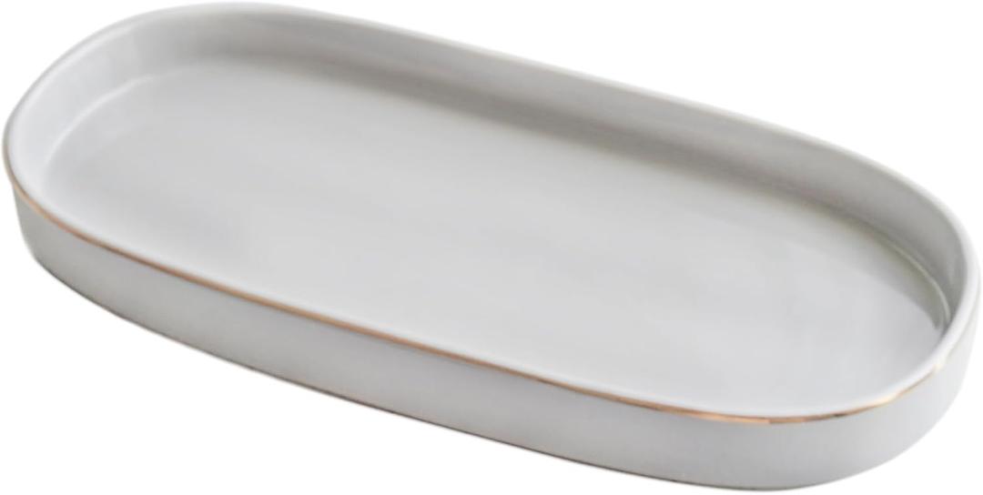 10x5 Bathroom Vanity Tray, Oval Ceramic Decorative Perfume Candle Tray for Bathroom/Kitchen Counter, Grey (Gray)
