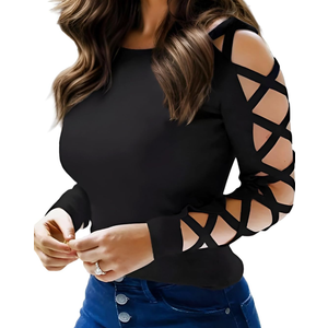 Women Sexy Tops Cold Shoulder Criss-Cross Long Sleeve Shirt Dressy Casual Hollow Cut Out Night Club Party Blouse M