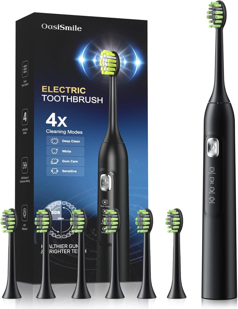 Sonic Electric Toothbrush for Adults: 42,000 VPM Deep Clean for Sensitive Teeth, Rechargeable Toothbrush with 6 Brush Heads, 4 Modes & Smart Timer, IPX7 Waterproof, 120-Day Battery for Home/Travel (Black)