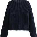 FindThy Womens Cropped Knit Cardigan Long Sleeve Crewneck Button Down Fall Sweater with Pockets (Blue)