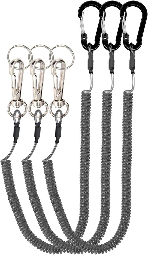Lix&Rix Retractable Safety Coiled Lanyard with Aluminium Alloy Carabiner Clip, 3pcs Black