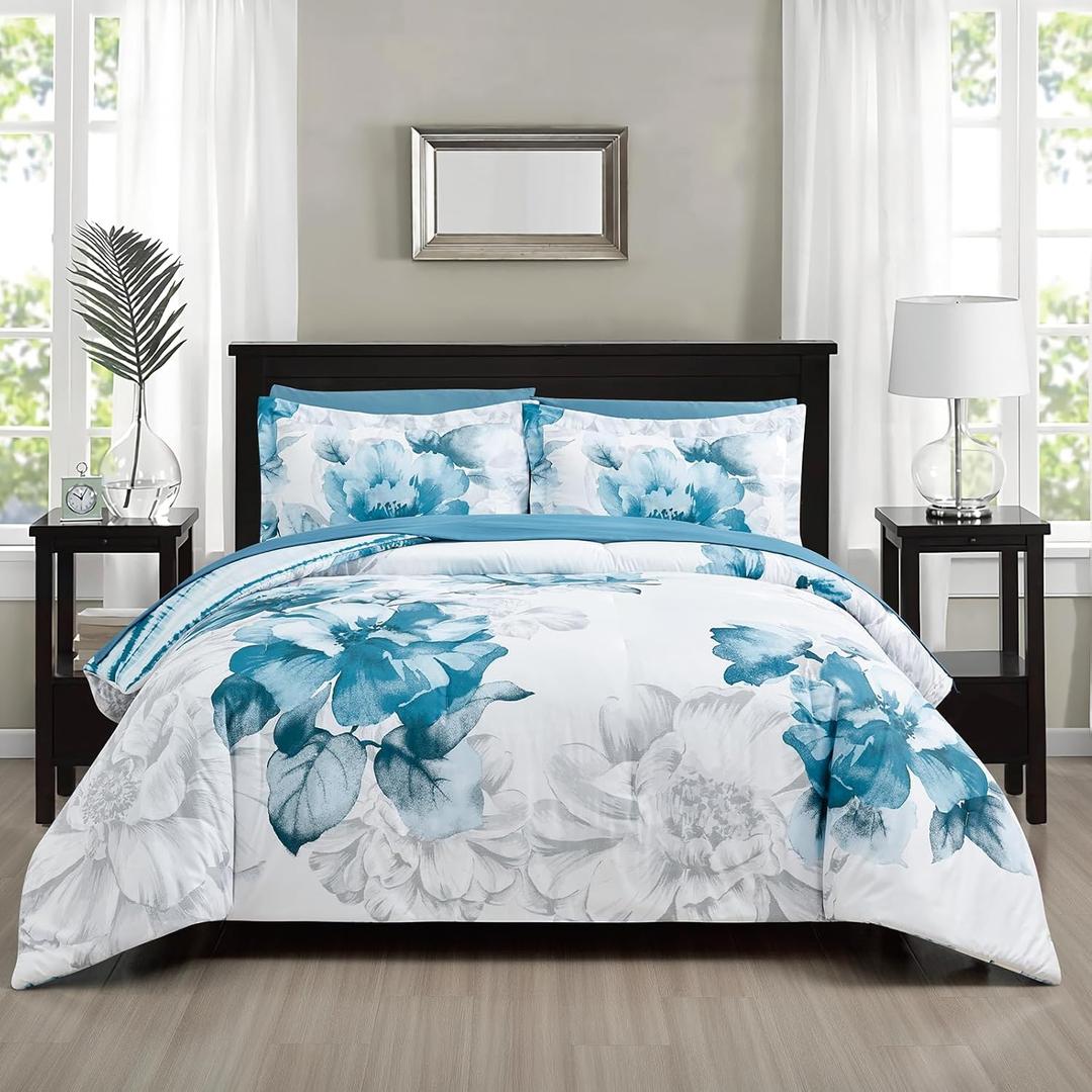 Sunshine Nicole Soft Brushed Microfiber Comforter Set, 7 Pieces King, with Light Weight Soft Poly Fill, Printed Teal Grey Big Florals Face with Print Reverse