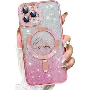 Fiyart Designed for iPhone 11 Pro Case,Compatible with MagSafe Love Heart Plating Camera Protection TPU Magnetic Glitter for Women Girls Shockproof Phone Bumper 5.8"-Pink
