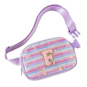 Fanny Pack for Girls,Birthday Easter Gifts,Chenille Initial Letter Girls Crossbody Bag,Preppy Teen Belt Bag for Graduation Travel Gifts,Cute Sequin Trendy Stuff (F, Purple)