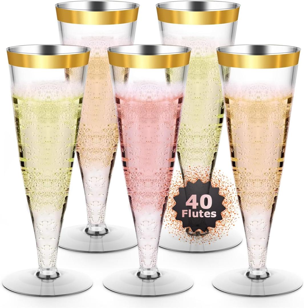 Lazyshine Plastic Champagne Flutes Gold Rim Disposable Wine Glasses - 40 Pack 4.5 Oz Mimosa Glasses Bulk Cocktail Cups for Party Supplies Wedding Bride Bar Women's Day, Copas De Plastico Para Brindis, Pack of 1