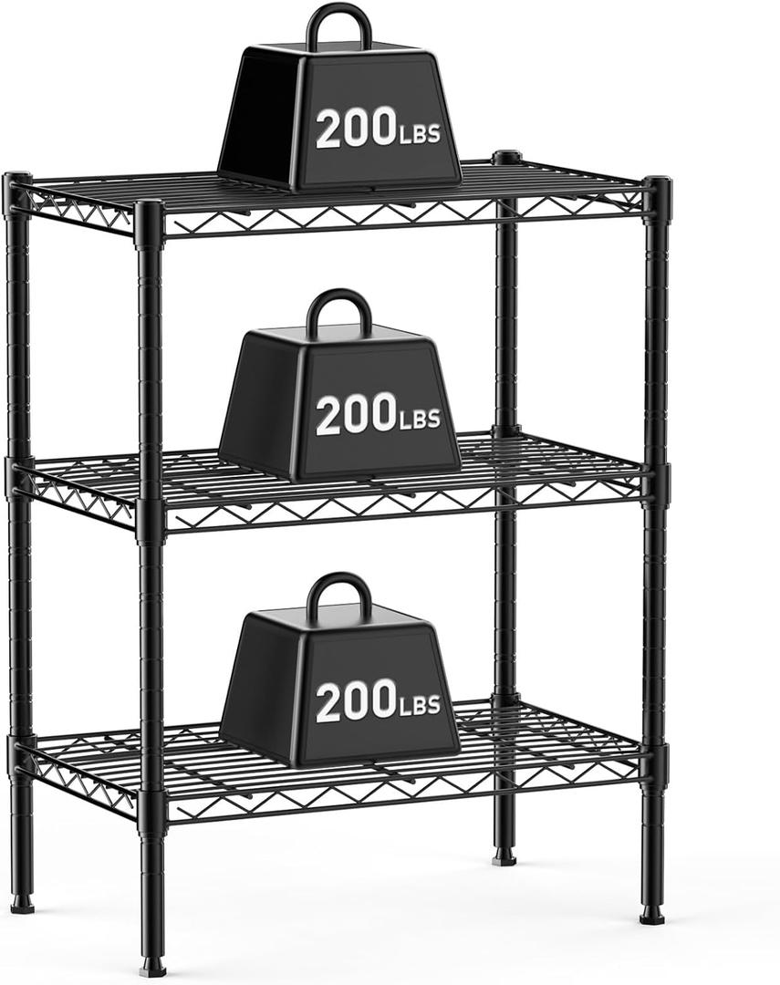 DUMOS 3-Tier Metal Wire Storage Shelves, Adjustable Standing Storage Rack Shelf, Heavy Duty Steel Shelving Unit Organizers for Kitchen Bathroom Pantry Garage, 23.2" W13.4" D30.3" H, Black