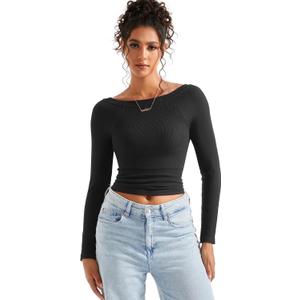 SUUKSESS Women Spring Modal Ribbed Top Boat Neck Long Sleeve Shirts Basic Going Out T Shirts (Large, Black)