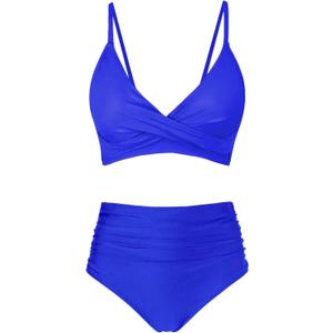 Women's High Waisted Bikini Sets Push Up Twist Front Spaghetti Straps Ruched Two Piece Swimsuit Bathing Suit (Large, Royal Blue)