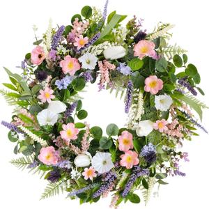 Summer Wreath 22-inch Faux White Morning Glory Pink Flower Green Leaf Wreath Front Door Porch Patio Decoration Wreaths Wedding Birthday Party Holiday Wreaths