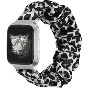 TOYOUTHS Scrunchie Bands Compatible with Fitbit Versa 2/Versa Lite Edition/Versa Watch Band Women Girl Elastic Stretch Fabric Cloth Strap Cute Pattern Bracelet Wristband (Black Leopard, Large) (Large (Fit 5.9"-7.1" Wrist))