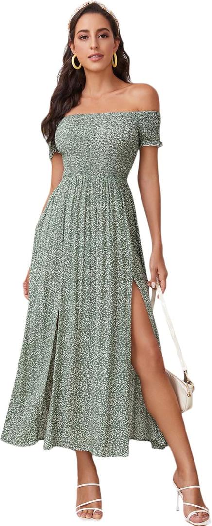Floerns Women's Boho Floral Print Off Shoulder Split Long A Line Dress (Green/White)