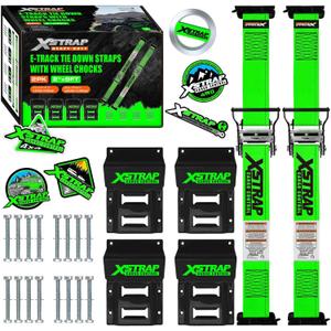 XSTRAP STANDARD Wheel Chock E-Track Tie Down Straps Kit, 2 Pack 2" x 9FT Over-The-Tire Ratchet Straps with Steel Wheel Chocks, 1466 lbs WLL for ATV, UTV, Lawn Mower, Trailer Hauling, Green