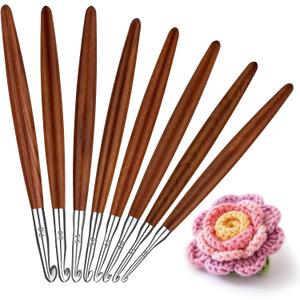 Lunarm 8 Pack Crochet Hooks Set, Ergonomic Aluminum Crochet Hooks with Wood Handle for Arthritic Hands DIY Craft Knitting Dolls, Bouquets, Blankets, Hats, Gloves from Various Yarns - Size 3mm-7mm