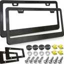 Carbon Fiber License Plate Frame- Black Aluminum Auto Car Tag Cover, 2 Pack Heavy Duty Holder for US Front and Rear Plate, with Mounting Hardware Kit- Screws Bolts, Inserts, Caps, Rattle Proof Pads