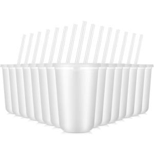 Lounsweer 30 Pcs Clear Plastic Cups with Straws and Lids, 16 oz Round Bottom Disposable Ice Coffee Cups Travel Mug Tumbler for Beverage Water Parties Birthdays Christmas (White)