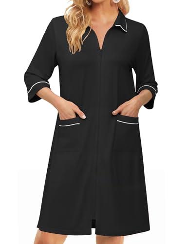 Ekouaer Zipper Robes for Women 3/4 Sleeve Housecoats Knee Length Bathrobe Lightweight Nightgown with Pockets Large