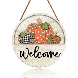 Fall Welcome Door Sign Thanksgiving Day Pumpkin Wreath Autumn Seasonal Harvest Halloween Indoor Outdoor Entrance Door Hanger Greeting Party Decorations 12 X 12 Inches