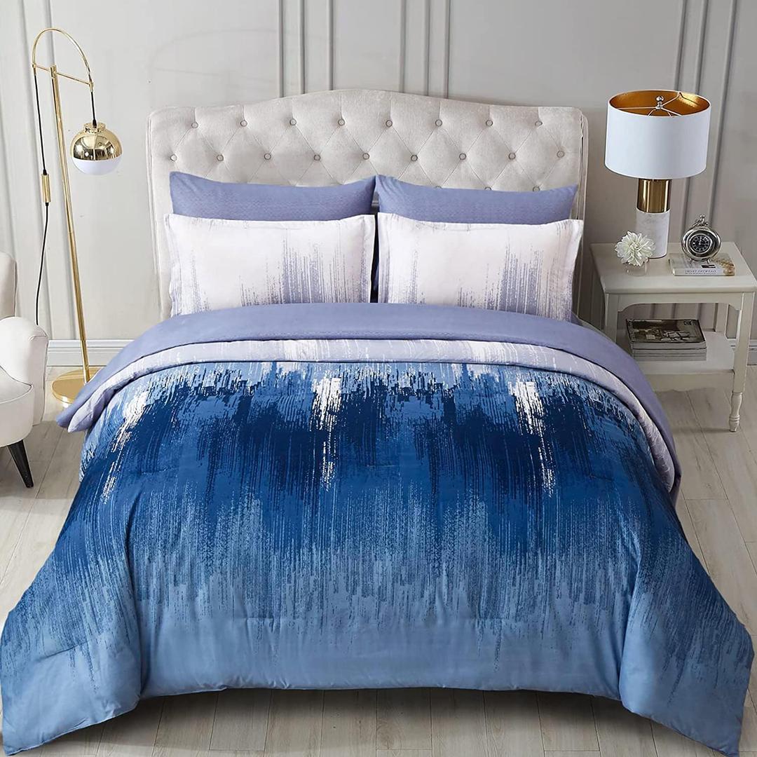 WONGS BEDDING Navy Blue Comforter Set King,7 Pieces Bed in a Bag Abstract Art Gradient Comforter Soft Microfiber Bedding Set with Comforter, Flat Sheet, Fitted Sheet, Pillow Shams,Pillowcases