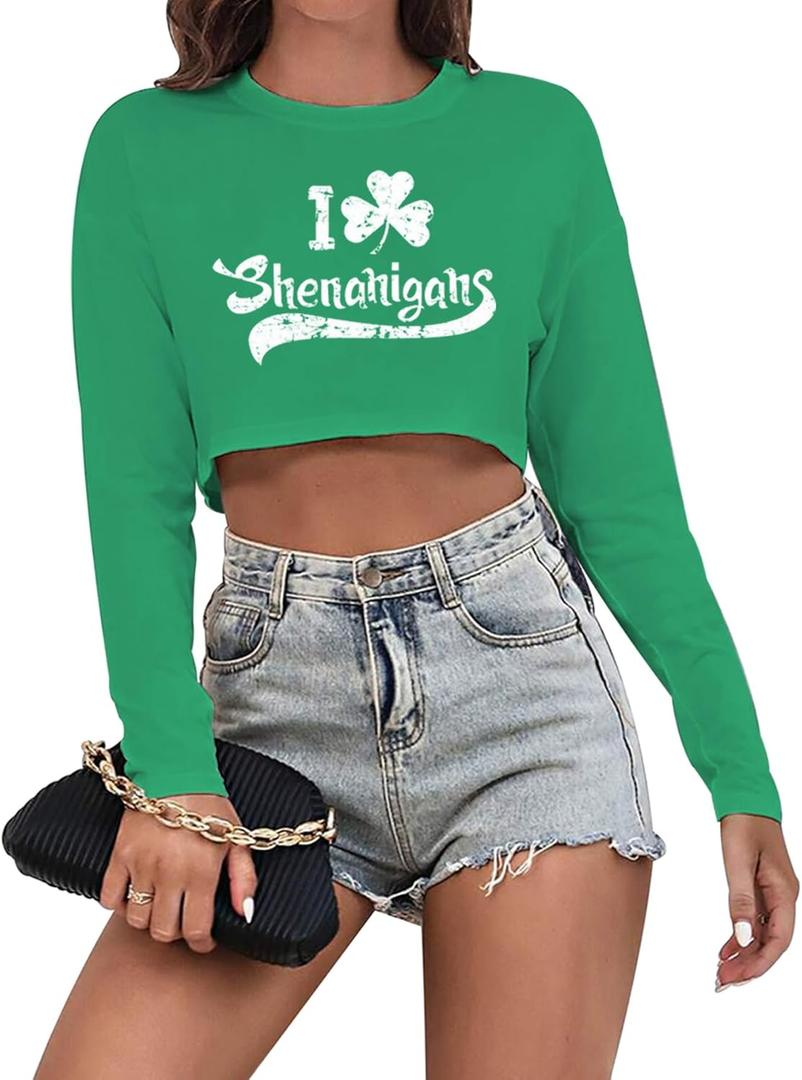 Women's St. Patrick's Day Crop Top St. Paddy's Day Shirt Irish Shirts Shamrock Graphic Long Sleeve Crop Tops for Teen Girls (X-Large, La-green-6)