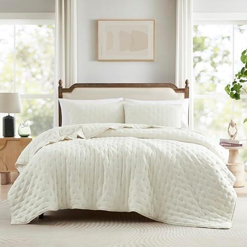WDCOZY Ivory Cloud Quilt King Size Bedding Set with Pillow Sham, Cream White Puffy Cozy Lightweight Bedspread Coverlet, Soft Cute Bed Cover for All Season - 3 Pieces, 104x90 inches