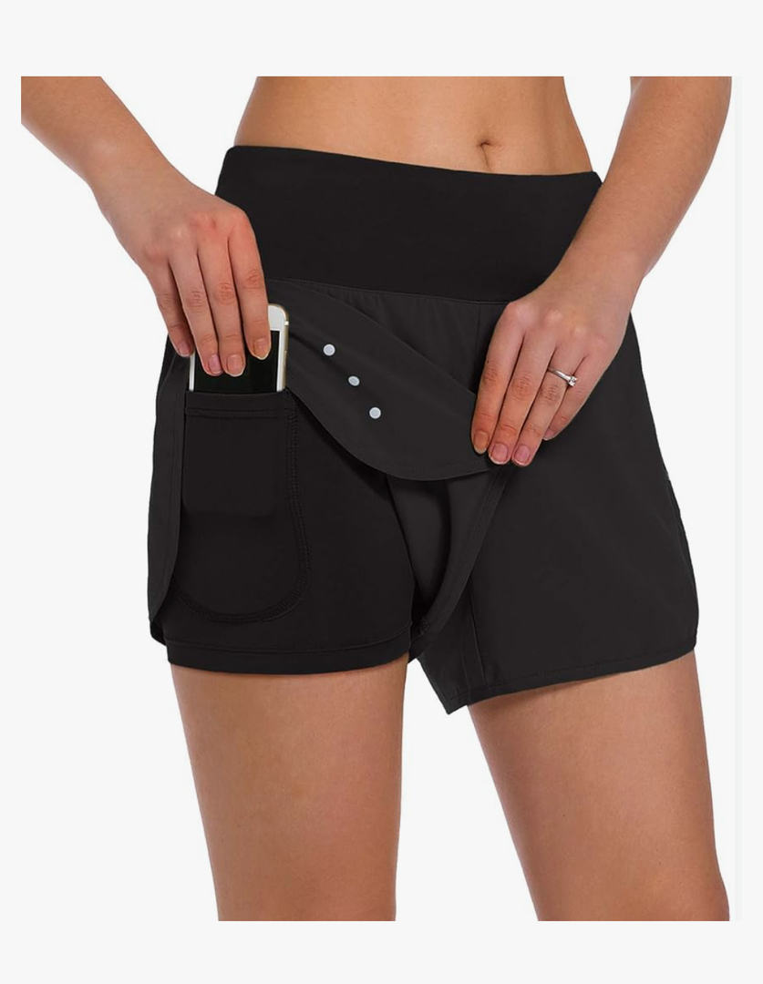 Ksmien Women's 2 in 1 Running Shorts - Lightweight Athletic Workout Gym Yoga Shorts Liner with Phone Pockets M