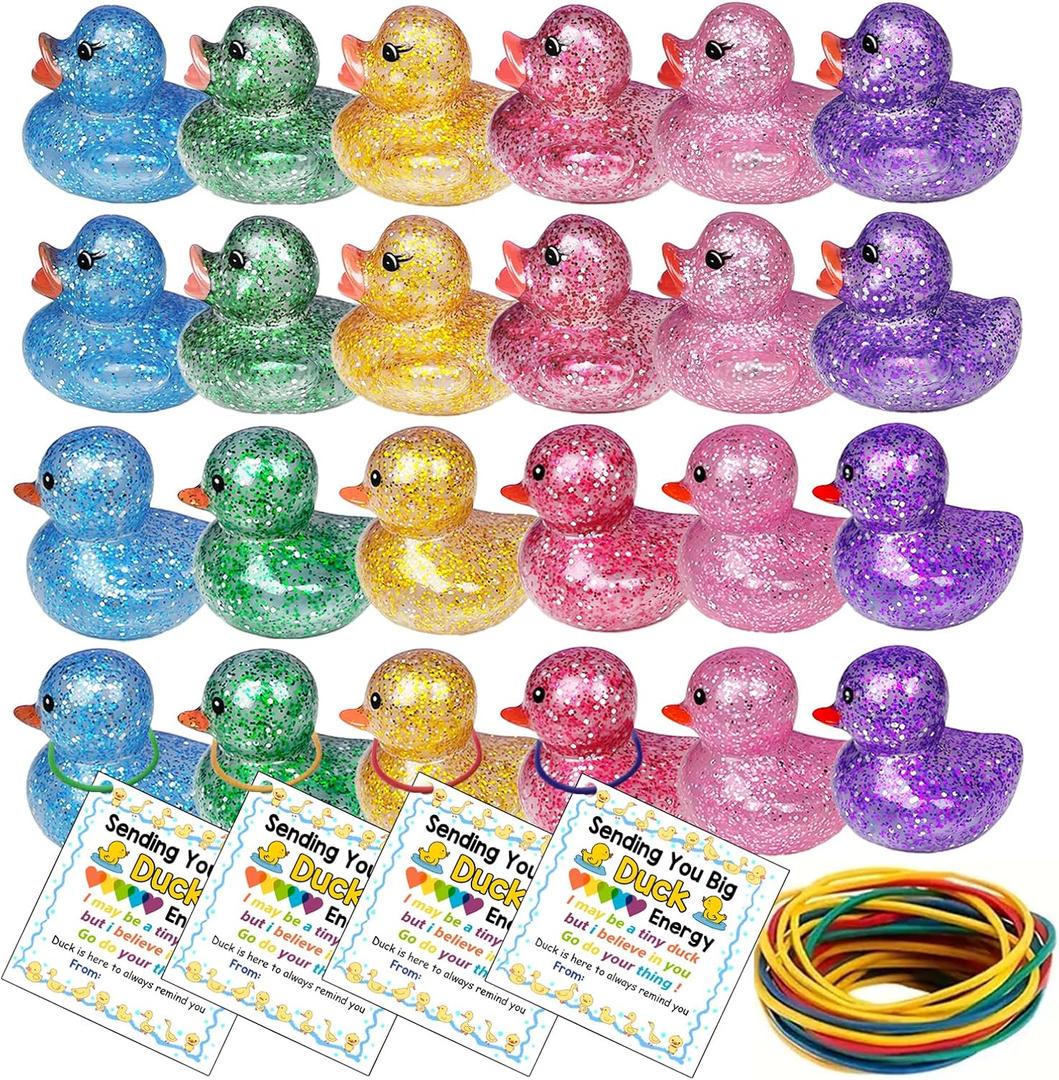 Sezua 48 Packs Glitter Rubber Ducks in Bulk, Easter Basket Stuffers, Party Favors for Bath Beach Pool, Ducks for Hiding on Cruise, Colorful Squishy Mini Tiny Duck with Positive Card