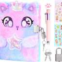 rinBarBee Diary for Girls with Lock and Keys,Tie-Dye Fuzzy Journal for Kids,Hardcover Fluffy Locking Notebook for Writing and Drawing,4-12 Year Old Girl Birthday