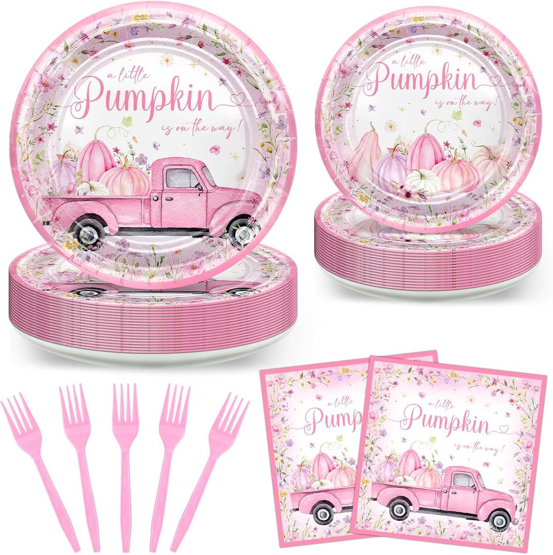 Avezano 96 PCS Little Pumpkin Baby Shower Decorations Pink Pumpkin Plates and Napkins for Girls Fall Autumn Baby Shower Decoration Supplies, Serves 24