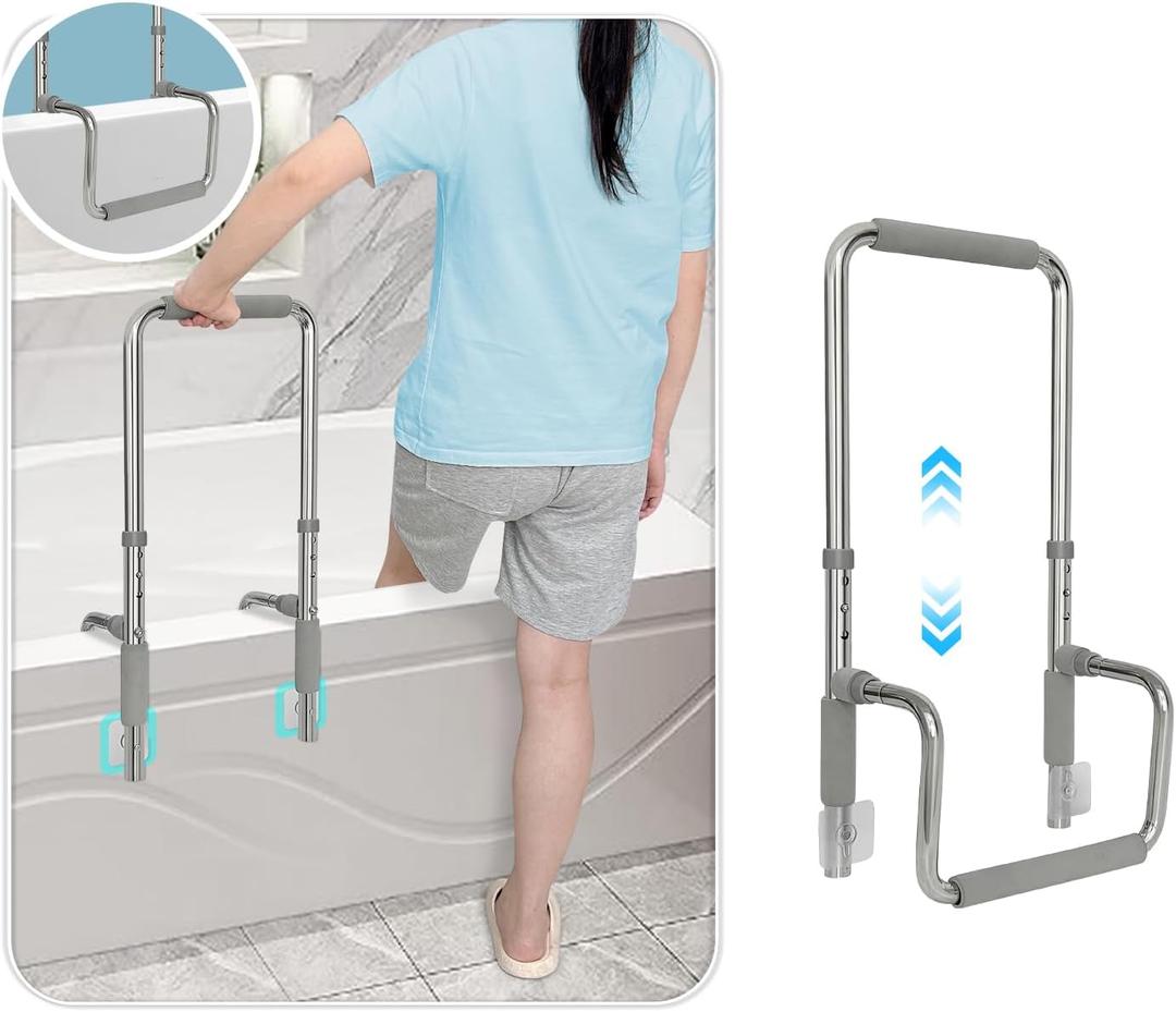 Bathtub Rails for Seniors Shower Grab Bars Clamp on Tub Rail Bath Tub Handles Heavy Duty Safety Support Bar Handicap Tub Bar for Elderly Help Getting Out of Bathtub No Drill Bathroom Grip Bars Devices