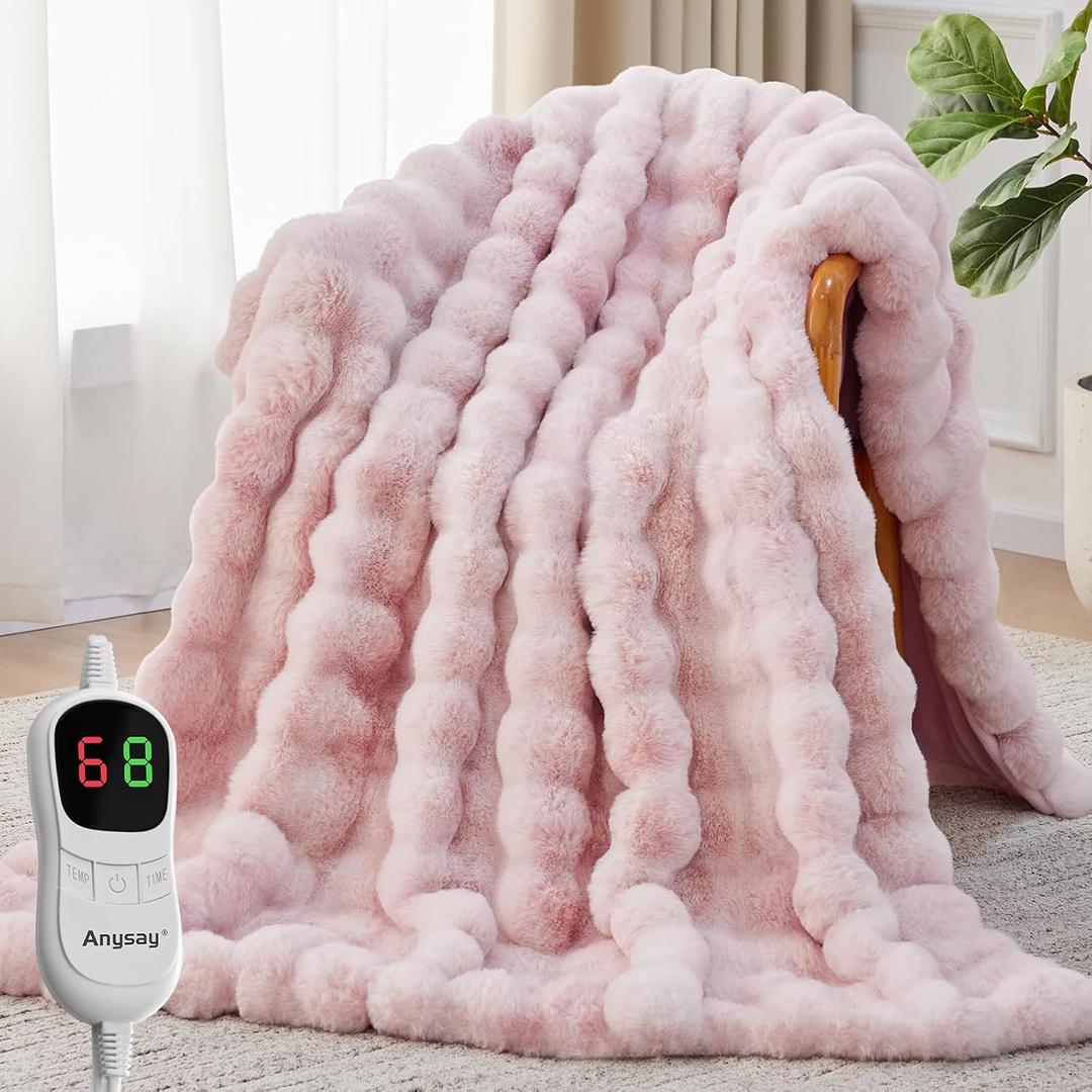Anysay Heated Blanket Throw with 1/2/4/6/8 Hours Auto-Off 10 Heat Level, 62'' * 84'' Cozy Faux Rabbit Fur Bubble Electric Blanket with Overheat Protection(Tie-Dye Pink)