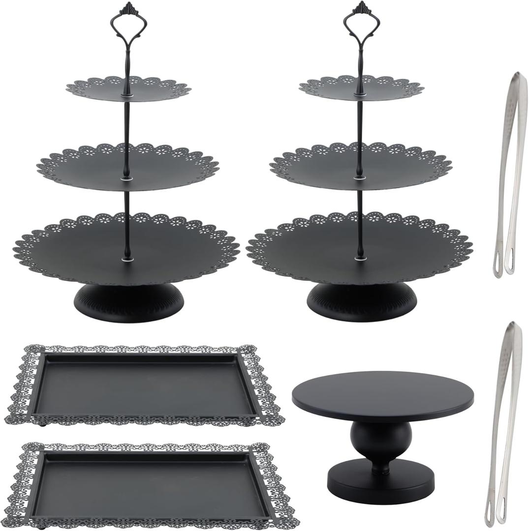 GMWD Set of 7 Black Cake Stand Desserts Display Table Pedestals 3-Tiered Cupcakes Holder Serving Tray Decorative Weddings Birthdays Party Baby Showers Celebrations