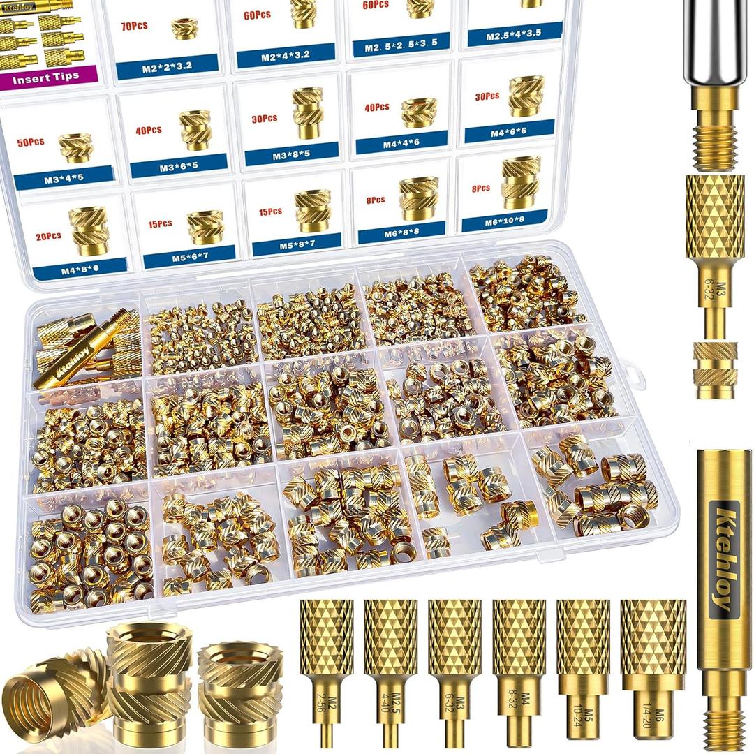 513 Metric Threaded Inserts with Heat Set Insert Tips, M2 M2.5 M3 M4 M5 M6 Female Thread Knurled Nuts Assortment Kit, for Plastic and 3D Printing Components