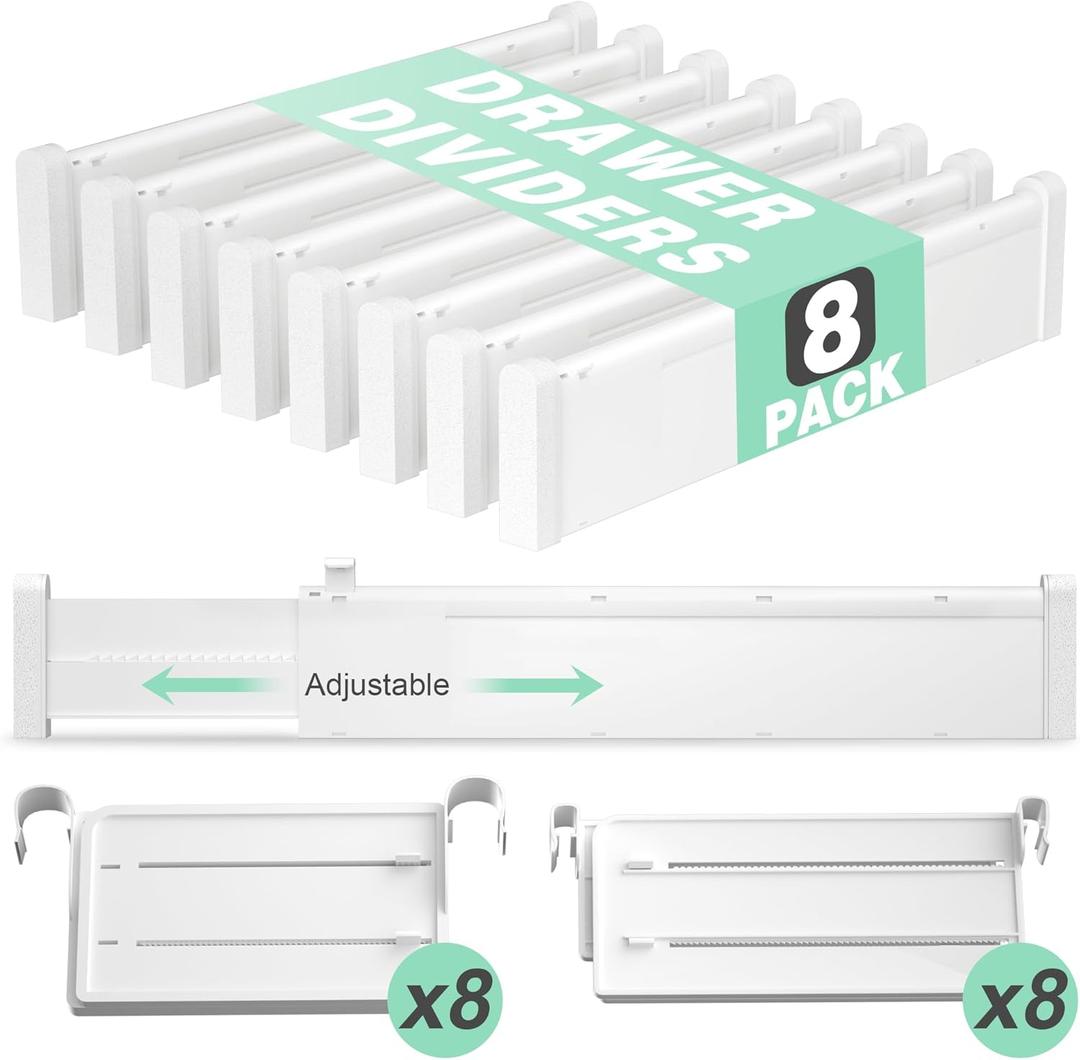 Expandable Drawer Dividers, Adjustable Drawer Organizers for Utensils, Clothes with 8 Drawer Separators(12.6-22.8''), 16 Inserts(3.9-7.1''), Drawer Divider in Kitchen, Bedroom, Office Storage (White)