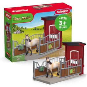Schleich Farm World - 4pc Horse Stall and Mare Toy Set for Kids. Customizable Write-On Name Tag for Realistic Pony Box. Farm Animal Toys for Boys and Girls. Fun Interactive Play for Kids Ages 3+ 42724