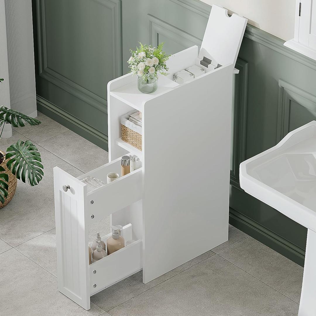 ChooChoo Slim Bathroom Storage Cabinet, Small Narrow Storage Organizer with Slide Out Drawers, Freestanding Toilet Paper Holder, Bathroom Cabinet for Small Places, White, 15.74"D x 7.48"W x 28.35"H
