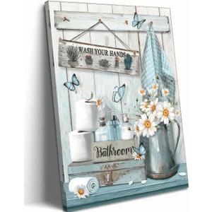 Framed Farmhouse Bathroom Canvas Wall Art Country Butterfly Daisy Wall Decor Pictures Teal Bathroom Painting Wash Your Hands Sign Poster Prints for Toilet Bathroom Home Decoration (16"L x 12"W)