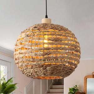 Mgcanyu Boho Pendant Lights Kitchen Island Rattan Lights Fixture for Dining Room 15.8" Hand-Woven Chandelier Weaving Hanging Ceiling Light for Restaurant Living Room Bedroom Foyer Hallway