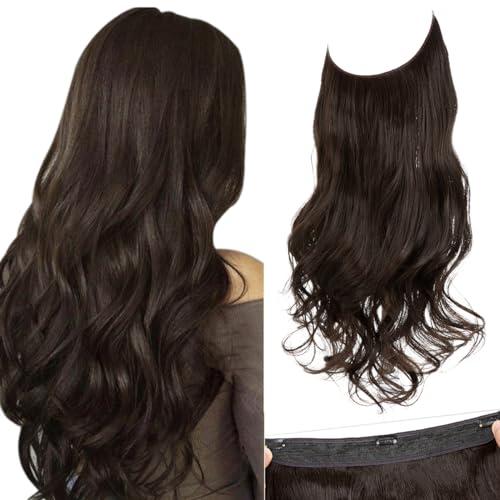 SARLA Invisible Wire Hair Extensions with 3 Clips Long Synthetic Wavy Curly Hairpiece Adjustable Transparent Headband for Women 16 Inch Dark Brown