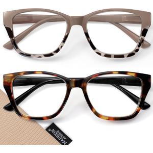 Madison Avenue 2 Pack Cateye Blue Light Blocking Reading Glasses for Women Spring Hinge, Vintage Computer Readers Eyeglasses Demi Brown +1.0